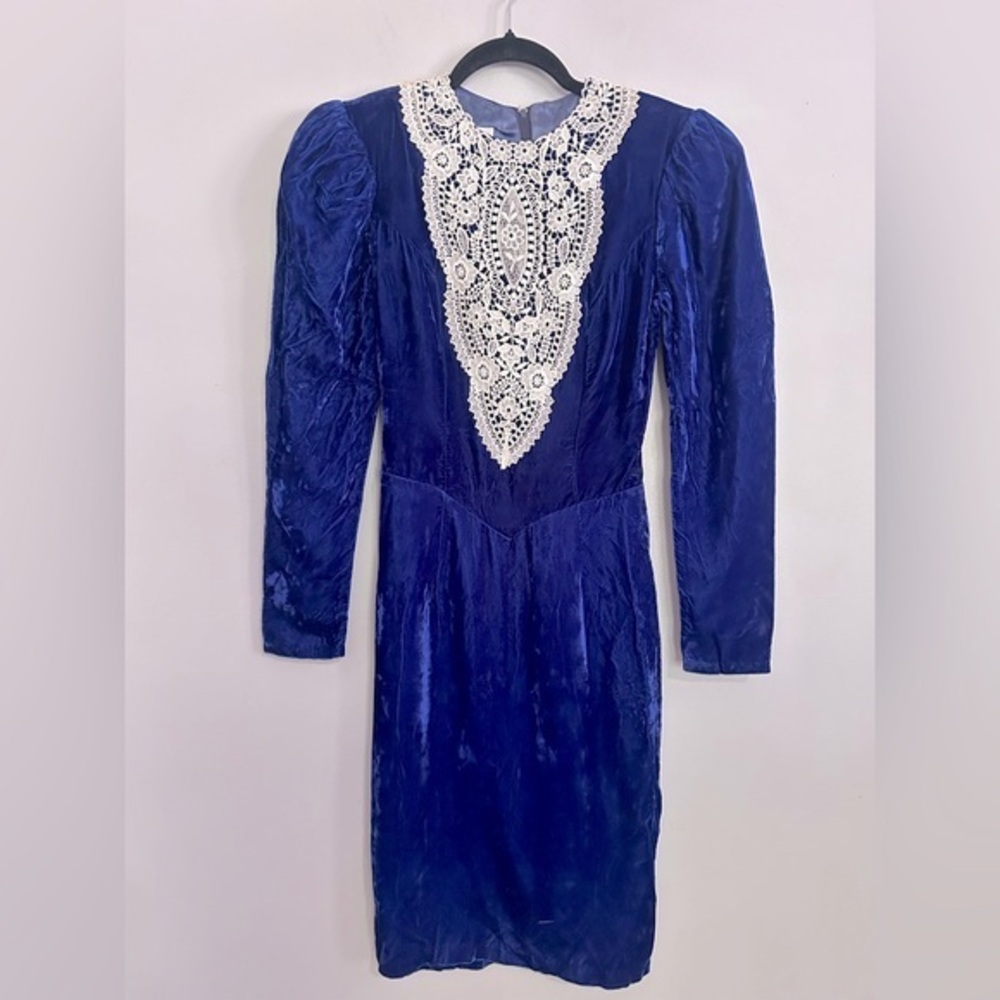 Vintage Rare Gunne Sax Jessica McClintock Blue Velvet Lace Collar Dress Size 3